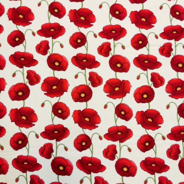 Floral Poplin Design 25 RED POPPIES ON IVORY